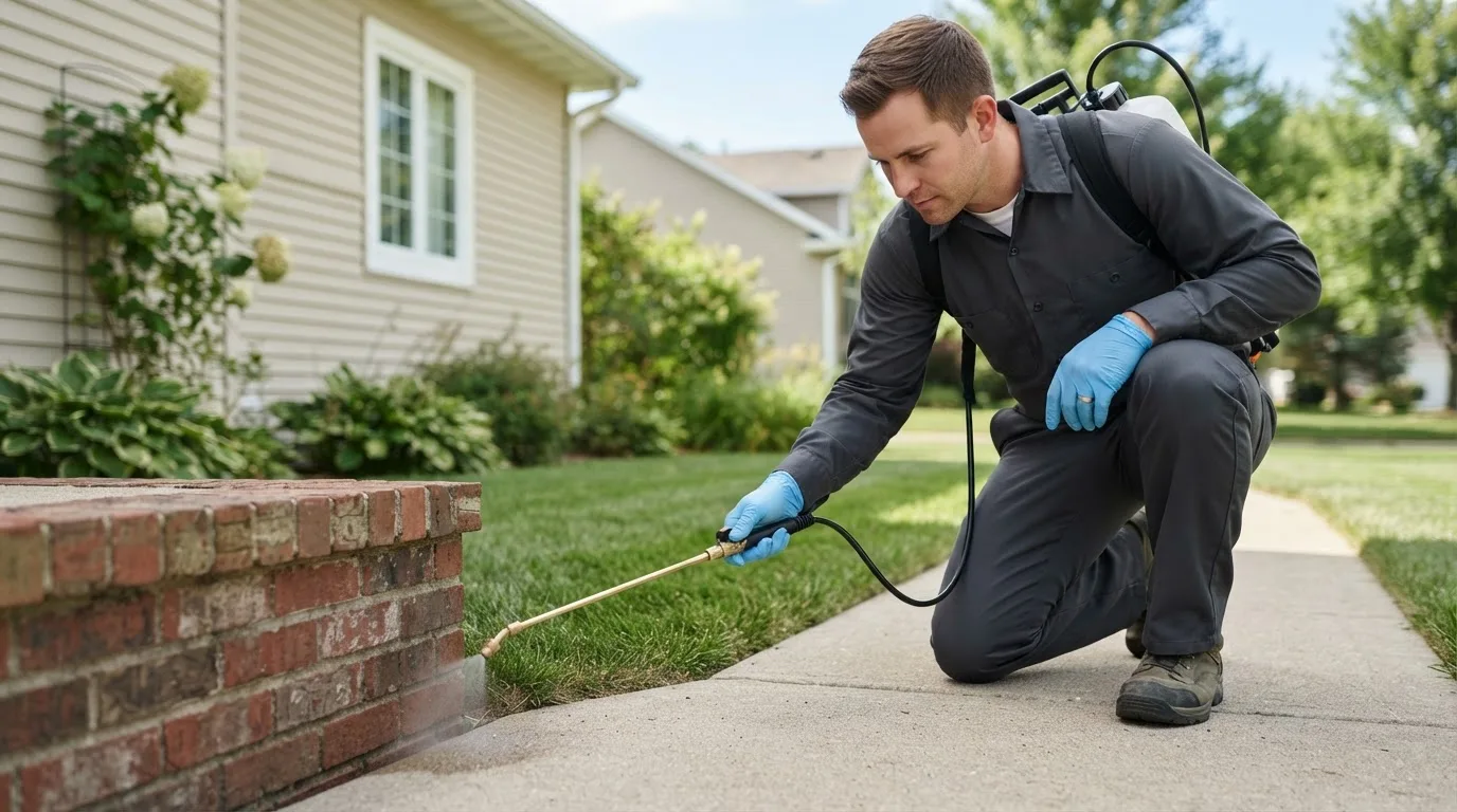 Pest control technician treating a home near Halstad, MN